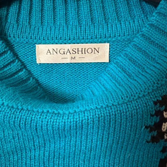 Knit Snow Leopard Sleeve Women’s Turquoise Crewneck Sweater Size M Retro Vibe - Picture 2 of 5